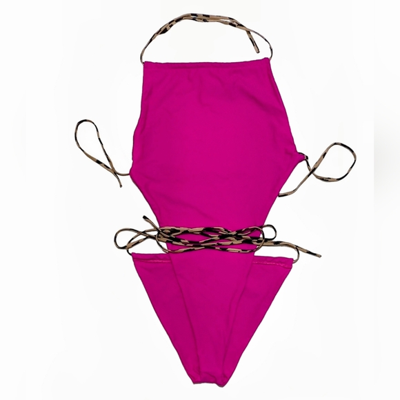 Women's Medium Hot Pink Cheeky Cheetah Straps & Lined Halter One Piece Bikini - Picture 3 of 8